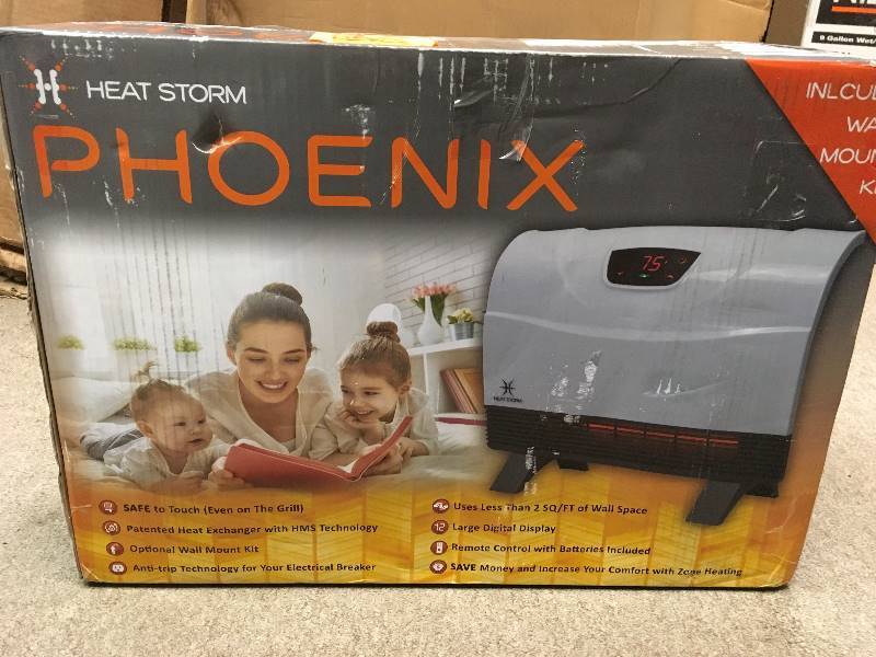 lot 57 image: Heat Storm Phoenix Floor to Wall Unit 1,500-Watt Infrared Quartz Portable Heater with Built-I n Thermostat and Over Heat Sensor in like new condition