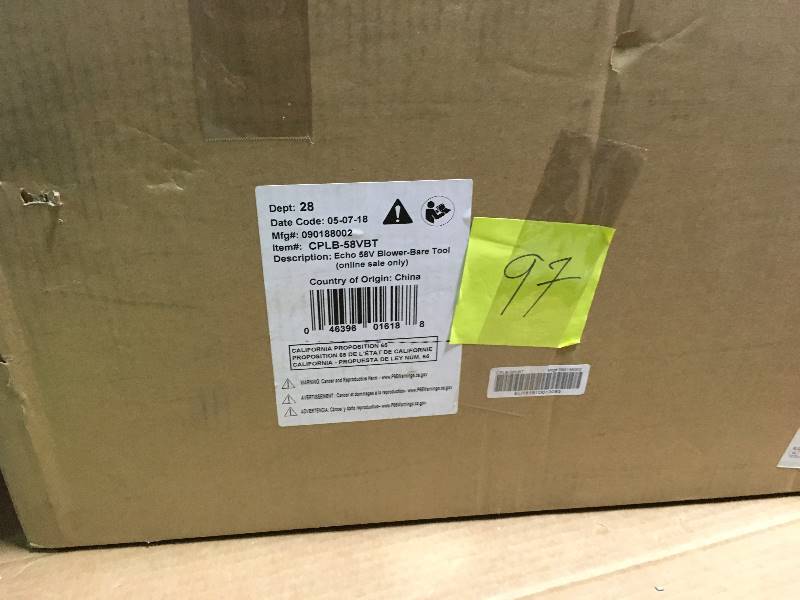 lot 97 image: ECHO 145 MPH 550 CFM Variable-Speed Turbo 58-Volt Brushless Lithium-Ion Cordless Leaf Blower Battery and Charger Not Included in like new condition