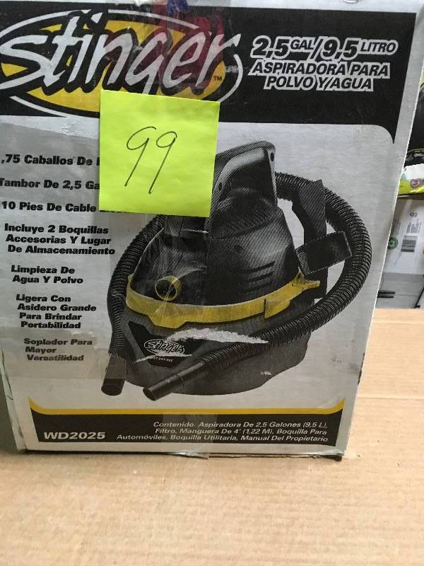 lot 99 image: Stinger 2.5 Gal. 1.75-Peak HP Compact Wet Dry Vac USED in good condition