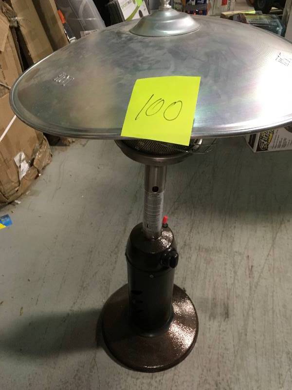 lot 100 image: Hampton Bay 11,000 BTU Powder Coated Bronze Tabletop Propane Patio Heater in good condition