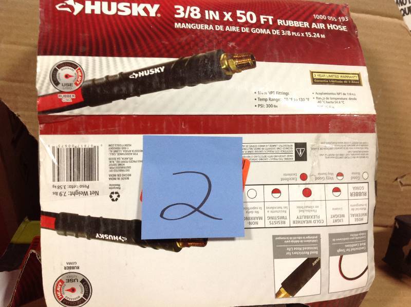 lot 2 image: Husky 38 in. x 50 ft. Premium Rubber Air Hose in like new condition