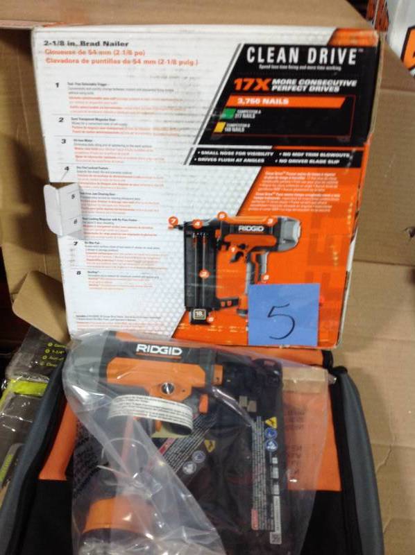 lot 5 image: RIDGID 18-Volt Lithium-Ion Cordless Brushless HYPERDRIVE 18-Gauge 2-18 in. Brad Nailer, Battery, Charger,in like new condition
