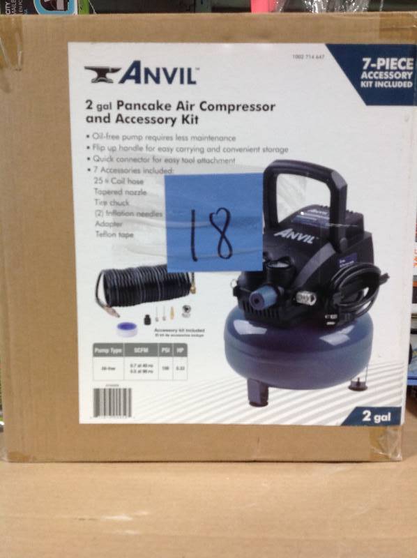 lot 18 image: ANVIL 2G Pancake Air Compressor with 7-Piece Accessories Kit in like new condition