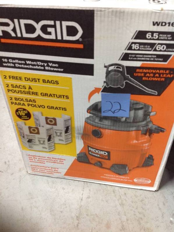 lot 22 image: RIDGID 16 gal. 6.5-Peak HP Wet Dry Vac with Detachable Blower missing wheels