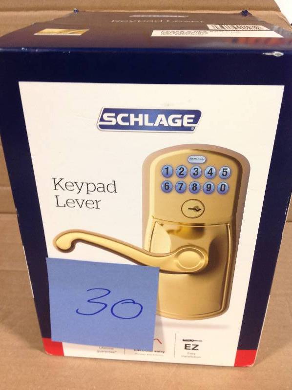 lot 30 image: Schlage Plymouth Bright Brass Electronic Door Lock with Flair Door Lever Featuring Flex Lock  in like new condition