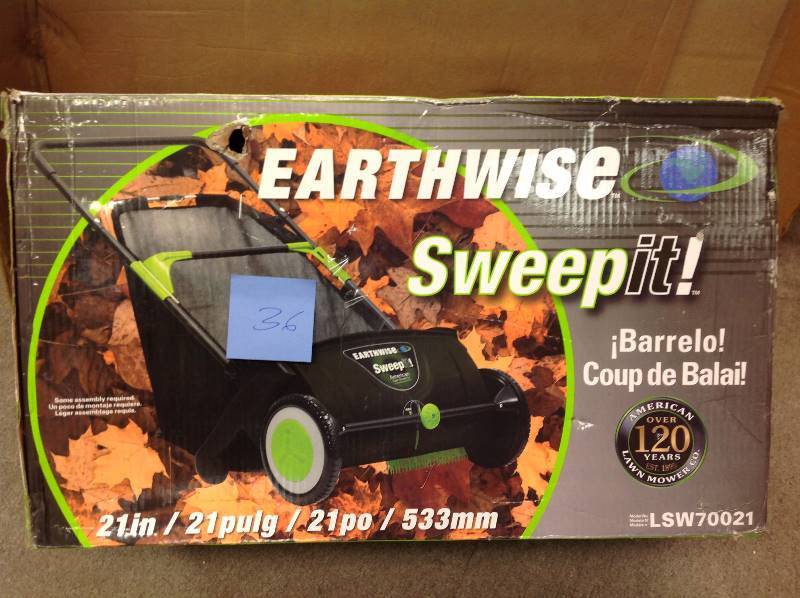 lot 36 image: Earthwise 21 in. Sweep-It Push Lawn Sweeper with 2.61 Bushel Collection Bag  in like new condition
