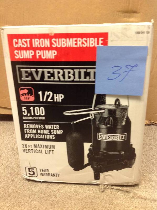 lot 37 image: Everbilt 12 HP Cast Iron Sump Pump in good condition