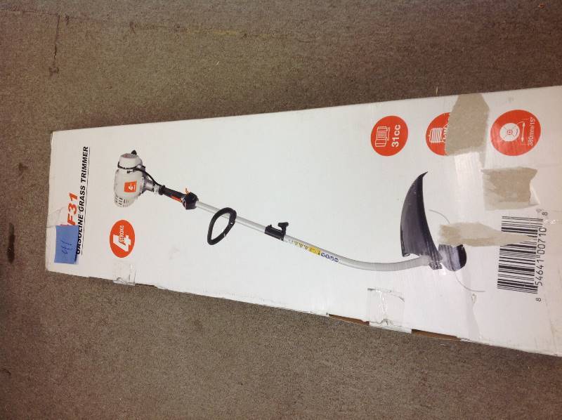 lot 41 image: Sunseeker 31cc Gas 4-Cycle Curve Shaft Attachment Capable Grass Trimmer  in like new condition