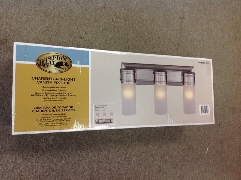 lot 43 image: 3-Light Brushed Nickel Wall Vanity Fixture not used