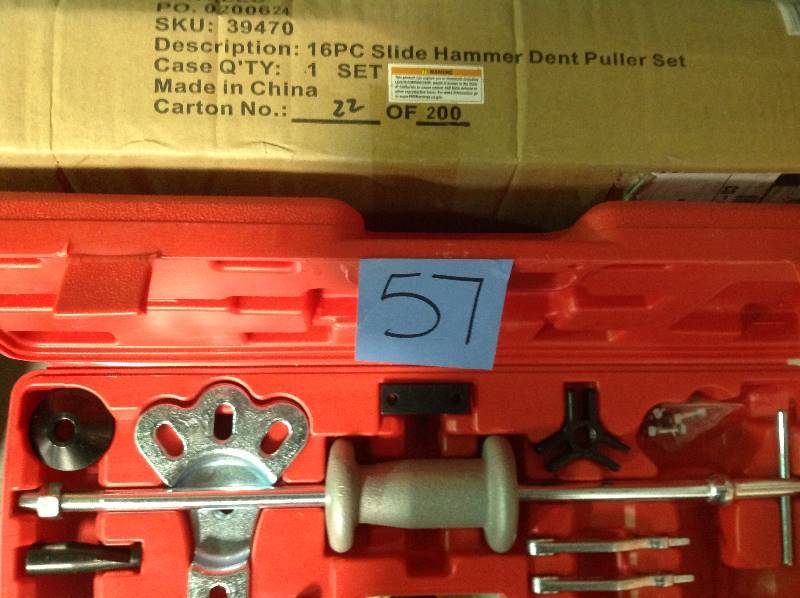 lot 57 image: SPEEDWAY 22 in. x 8 in. Slide Hammer Dent Puller Kit with 23 Jaw External Internal Oil Seal Bearing Remover (16-Piece)  in like new condition