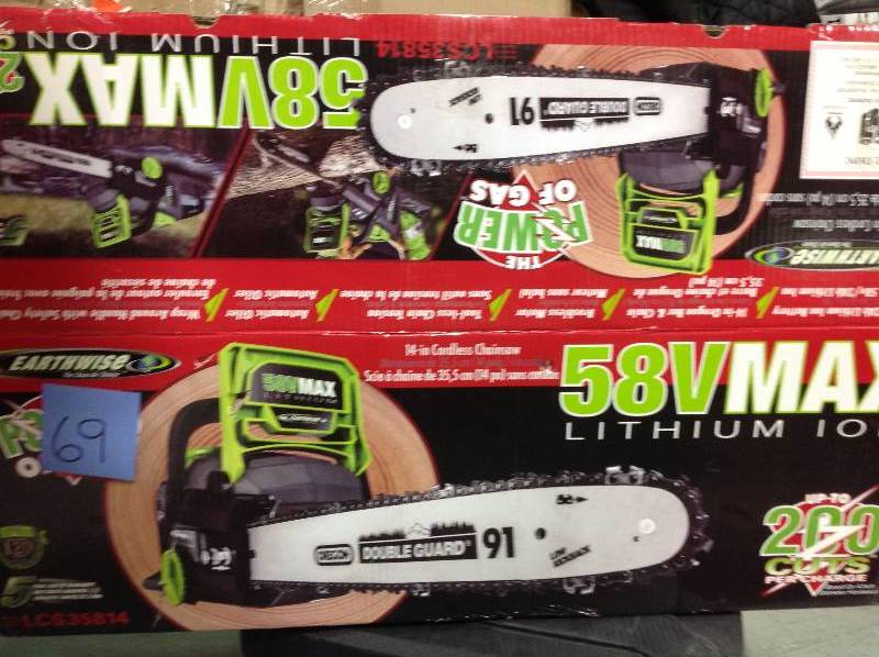 lot 69 image: Earthwise 14 in. 58-Volt Electric Cordless Chainsaw  in like new condition