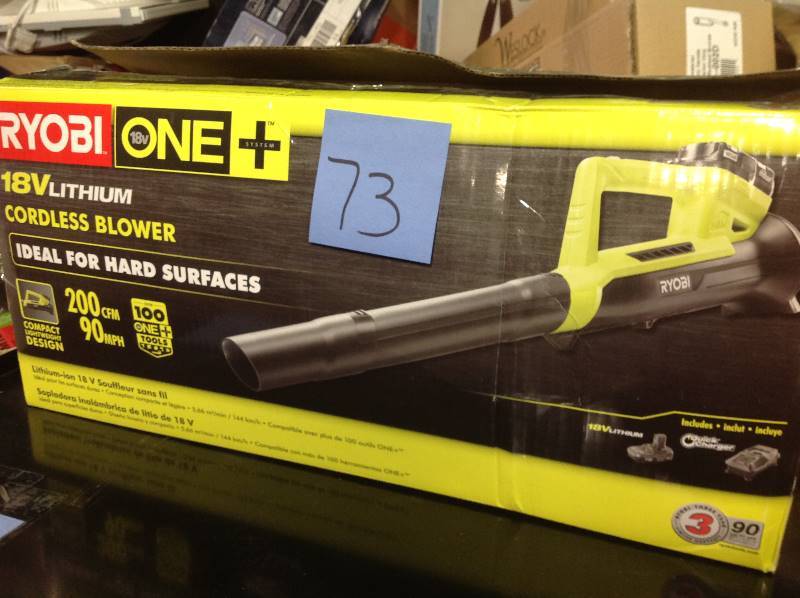 lot 73 image: RYOBI ONE 90 MPH 200 CFM 18-Volt Lithium-Ion Cordless Leaf Blower - 2.0 Ah Battery and Charger   in like new condition