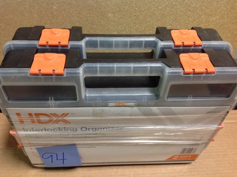 lot 94 image: HDX 15-Compartment Interlocking Small Parts Organizer in Black (2-Pack)  in like new condition