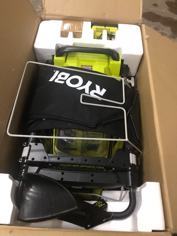 lot 112 image: RYOBI  20 in. 40-Volt Brushless Lithium-Ion Cordless Battery Walk Behind Push Lawn Mower - 5.0 Ah BatteryCharger Included in good conditions