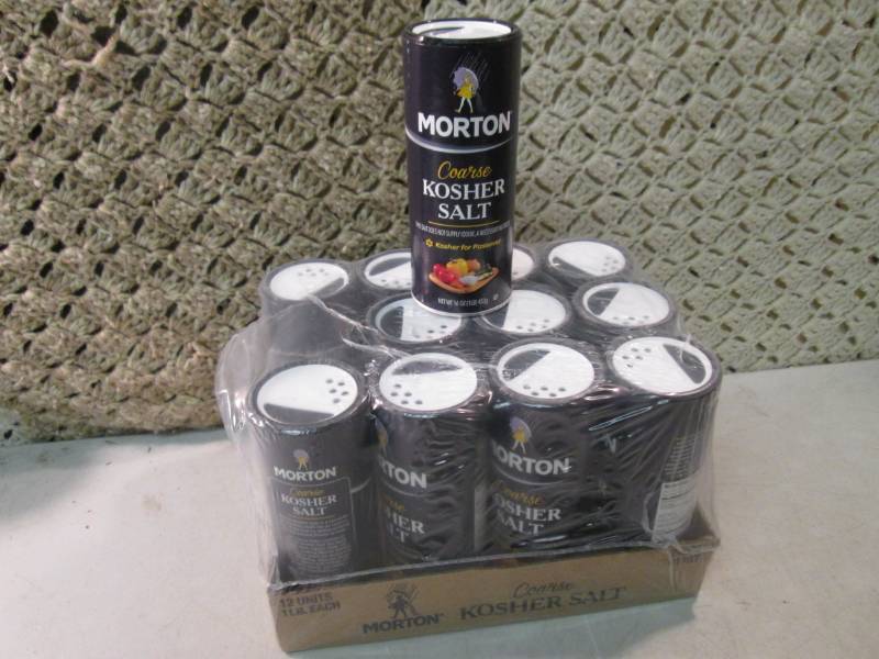 lot 133 image: Case of 12 Morton Coarse Kosher Sal...