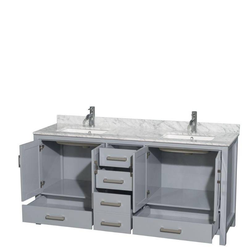 lot 38 image: Wyndham Collection Sheffield 72 in. W x 22 in. D Vanity in Gray with Marble Vanity Top in Carrara White with White Basins, WCS141472DGYCMUNSMXX
