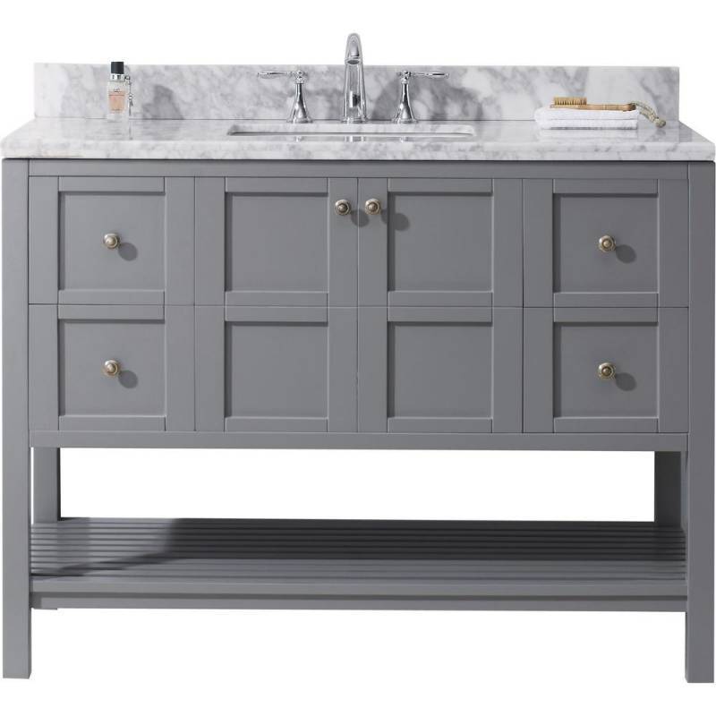lot 91 image: Virtu USA Winterfell 48 in. W x 22 in. D Vanity in Grey with Marble Vanity Top in White with White Basin, ES-30048-WMSQ-GR-NM