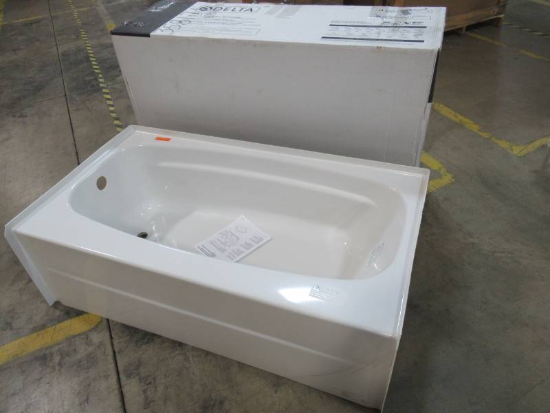 lot 48 image: Delta Styla 53.87-in White Acrylic Rectangular Left-Hand Drain, 24543OALOO - New in Box