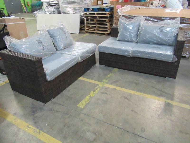 lot 110 image: 2 Loveseat Patio Wicker Lounge Seats From The Lago Collection. - Missing two Back Cushions.