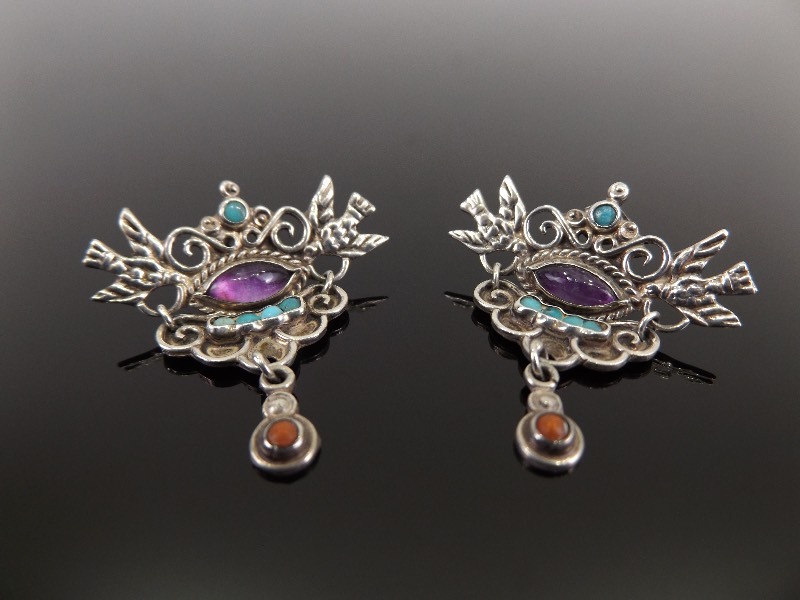 .925 Sterling Silver Jeweled Art Nouveau Earrings