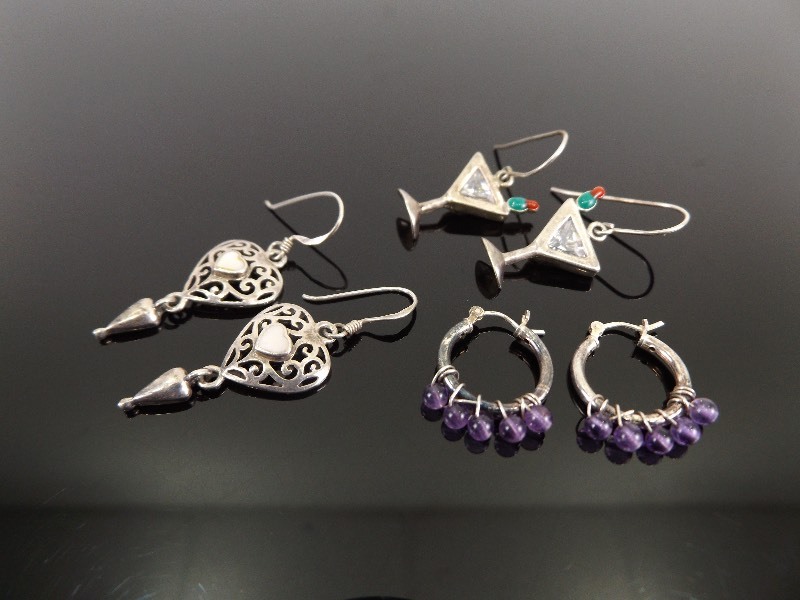 3 Pairs of .925 Sterling Silver Jeweled Earring Sets