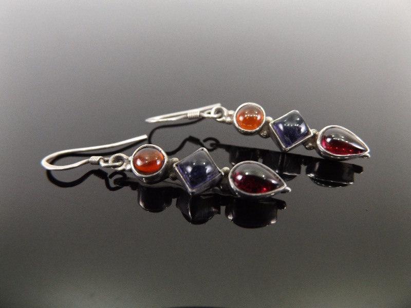 .925 Sterling Silver Multi Stone Cabochon Dangle Earrings