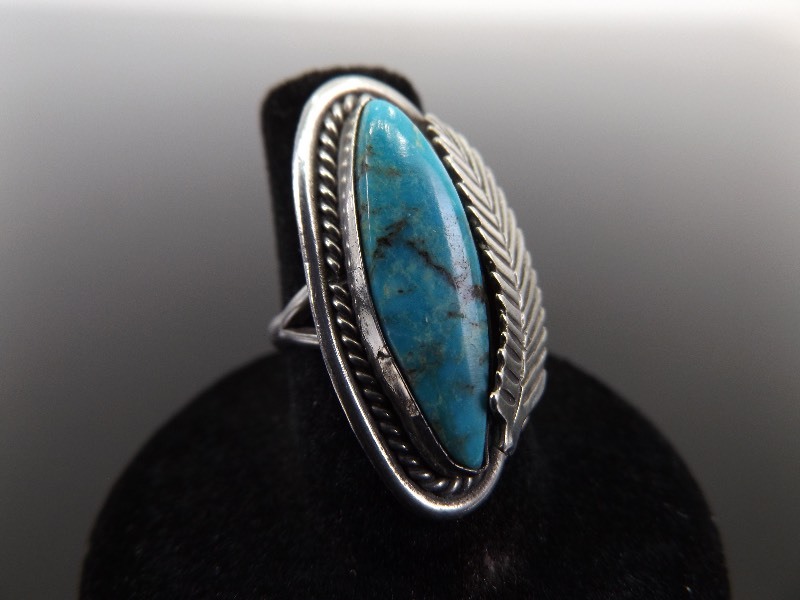 .925 Sterling Silver Navajo Turquoise Leaf Ring Size 6.5