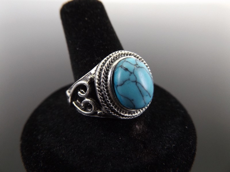 .925 Sterling Silver Turquoise Cabochon Ring Size 9.25