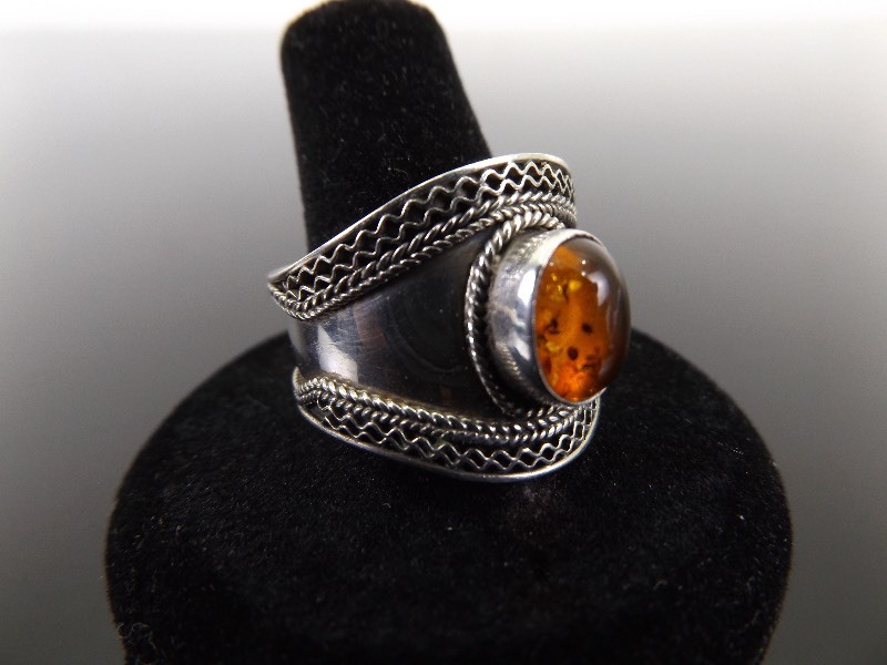 .925 Sterling Silver Amber Cabochon Wide Band Ring Size 11.75