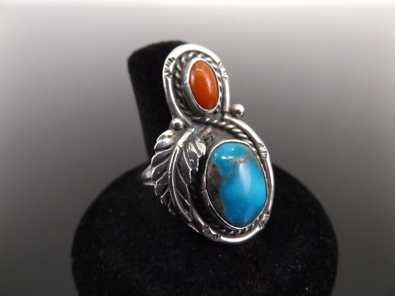 .925 Sterling Silver Navajo Turquoise and Red Coral Ring Size 8