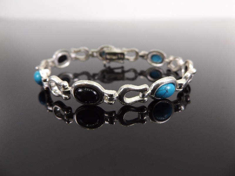 .925 Sterling Silver Turquoise and Onyx Cabochon Bracelet