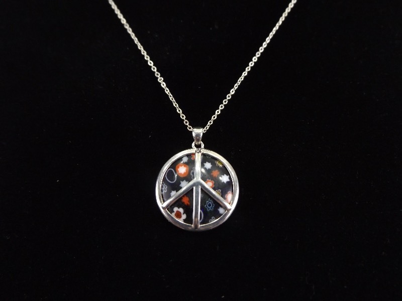 .925 Sterling Silver Murano Millefiori Peace Pendant and Necklace