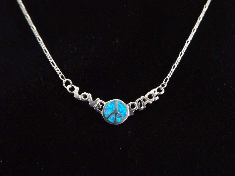 .925 Sterling Silver Peace and Love Opal Figaro Link Necklace