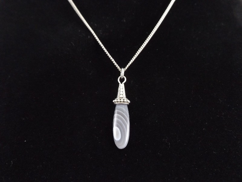 .925 Sterling Silver Gray Quartz Agate Pendant and Necklace