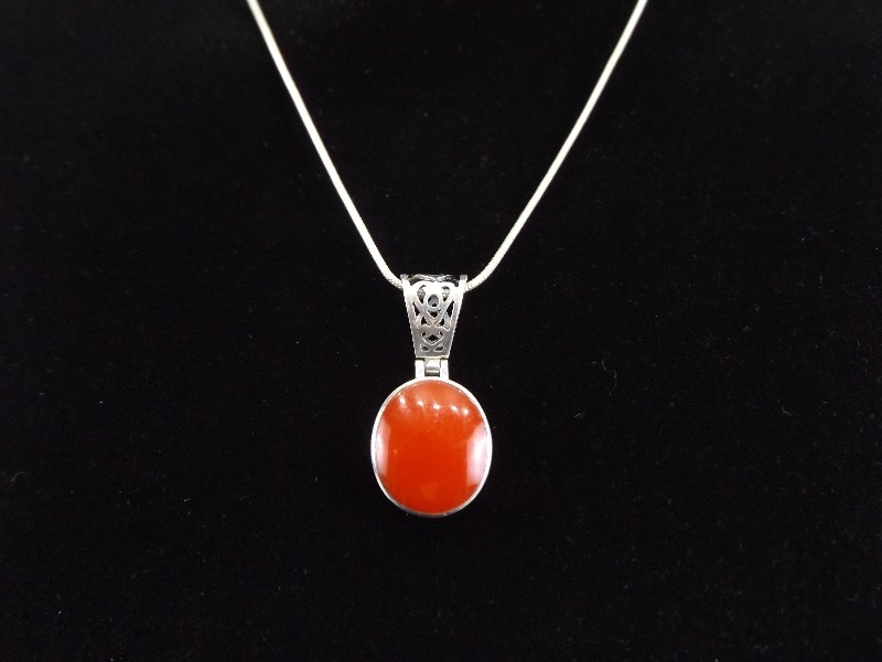 .925 Sterling Silver Red Coral Cabochon Pendant and Necklace