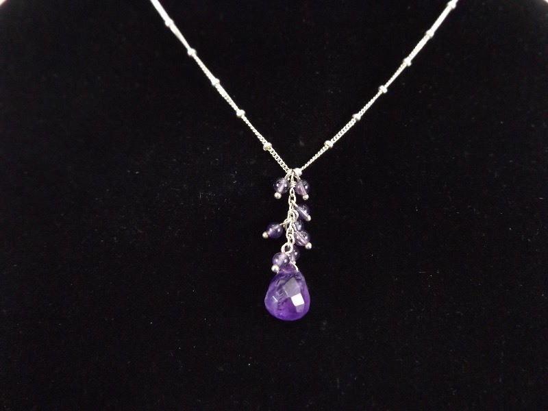.925 Sterling Silver Faceted Teardrop Amethyst Pendant and Necklace