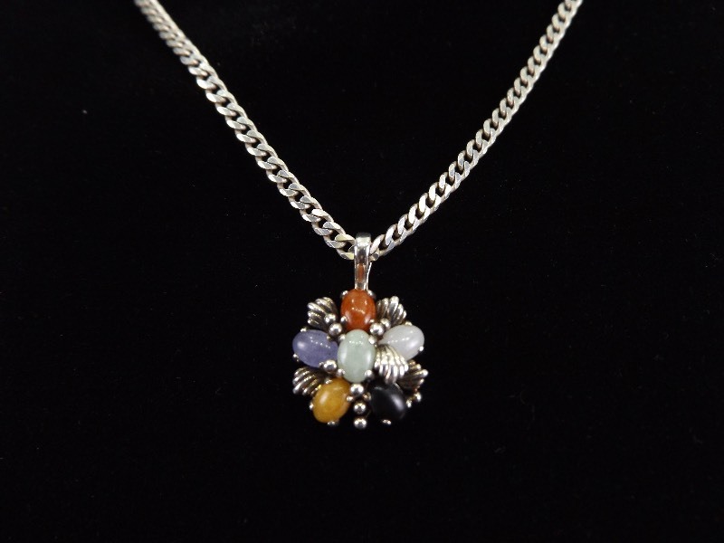 .925 Sterling Silver Multi Sone Cabochon Flower Pendant and Necklace