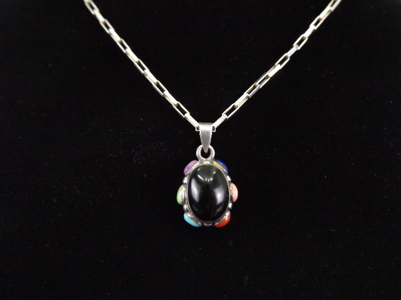 .925 Sterling Silver&nbspMulti Stone Black Onyx Cabochon Pendant and Necklace