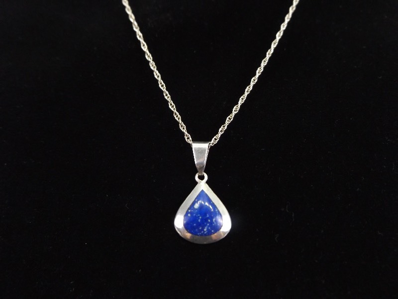 .925 Sterling Silver Lapis Lazuli Cabochon Pendant and Necklace