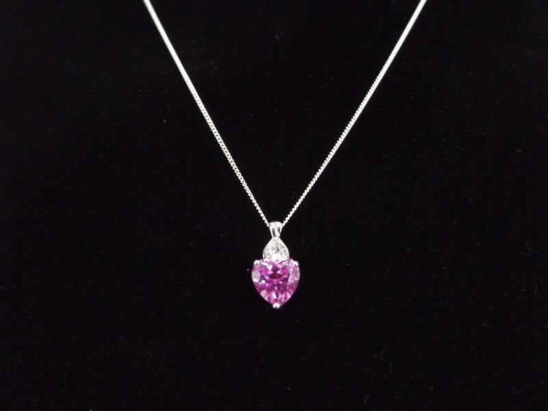 .925 Sterling Silver Pink Crystal Heart Pendant and Necklace