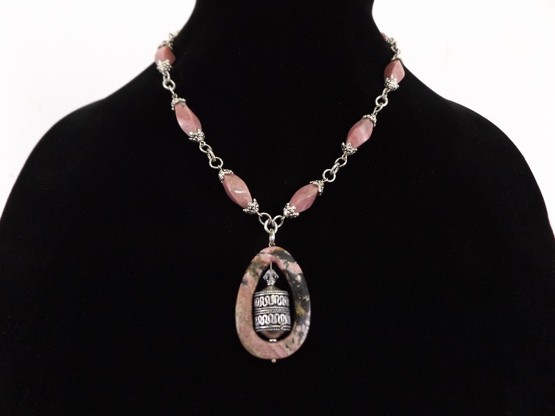 .925 Sterling Silver Pink Rhodonite Buddhist Prayer Wheel Pendant and Necklace