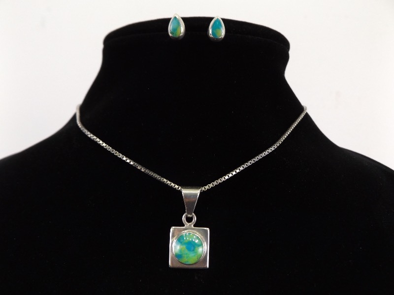 .925 Sterling Silver Azurite Pendant, Necklace, and Earring Set