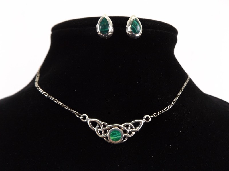 .925 Sterling Silver Malachite Pendant, Necklace and Earring Set