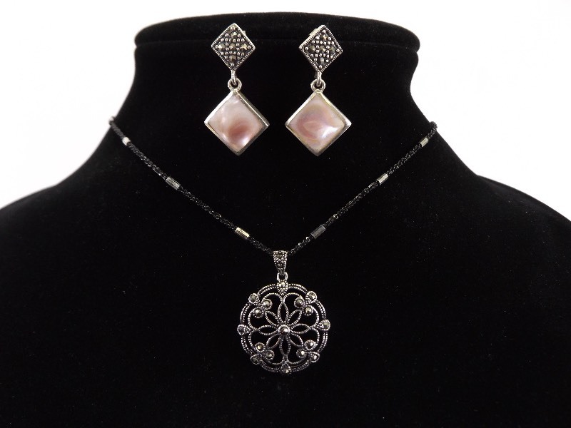 .925 Sterling Silver Art Nouveau Pendant, Necklace, and Rose Quartz Earring Set
