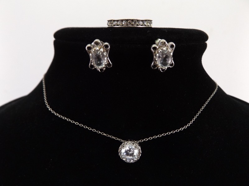 .925 Sterling Silver Crystal Pendant, Necklace, Ring and Earring Set