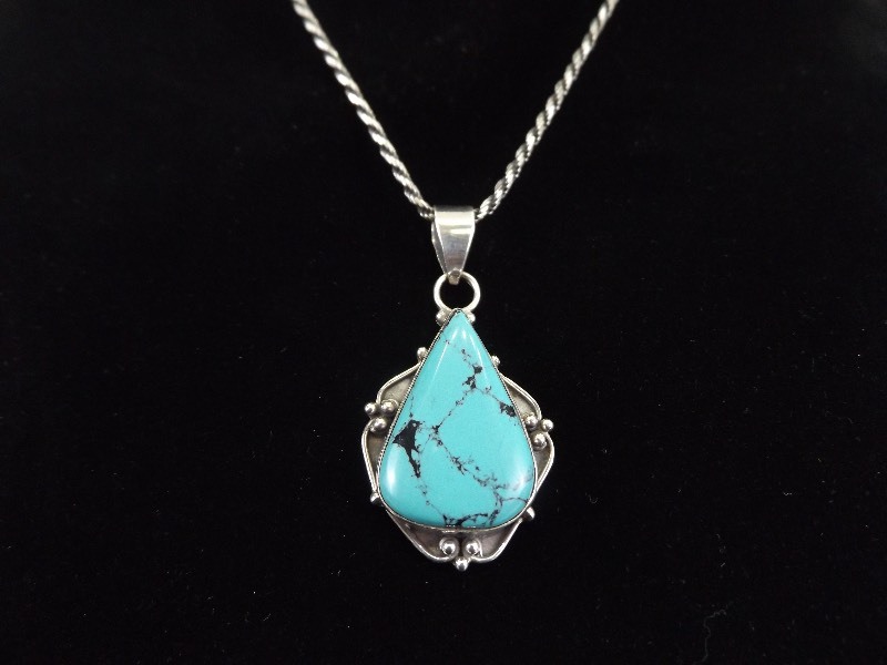 .925 Sterling Silver Turquoise Teardrop Cabochon Pendant and Necklace