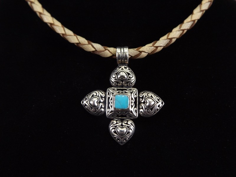 .925 Sterling Silver Turquoise Heart Cross Pendant and Leather Woven Necklace