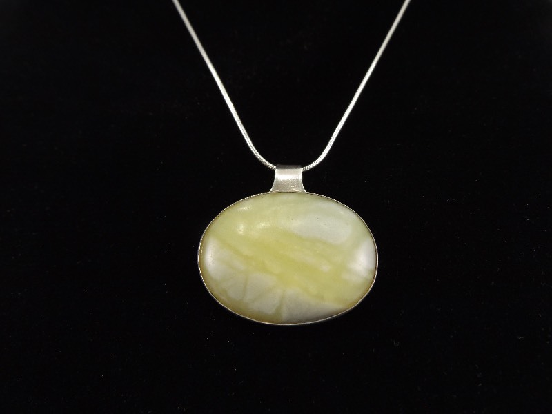 .925 Sterling Silver Light Green Larimar Cabochon Pendant and Necklace