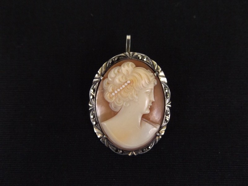 Antique .800 Silver Carved Shell Cameo Brooch Pendant
