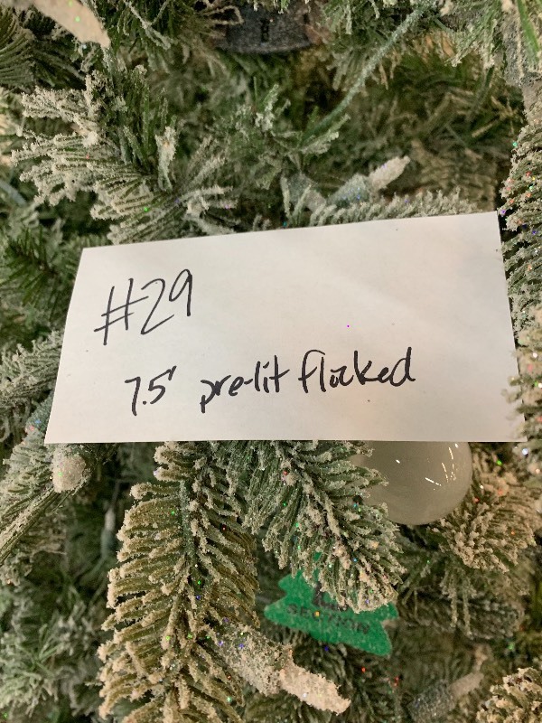 lot 38 image: 7.5 Pre-Lit flocked Artificial Christmas Tree